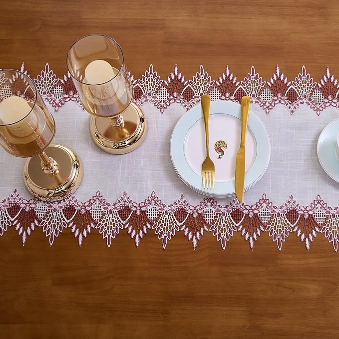 White Dark Red Jacquard Lace Table Runner 60 inches Long, Claret Dresser Scarf Table Topper for Christmas Kitchen Coffee Table Wedding Party Home Decor (Dark Red, 16”x60”)