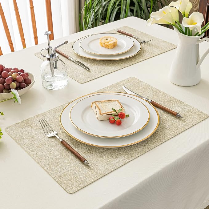 Romanstile Vinyl Placemats Set of 6-12 X 17 Inch - Faux Leather 100% Waterproof Wipeable Anti Slip Place Mats, Heat Resistant Reversible PU Table Mats for Kitchen Dining Party Outdoor, Beige