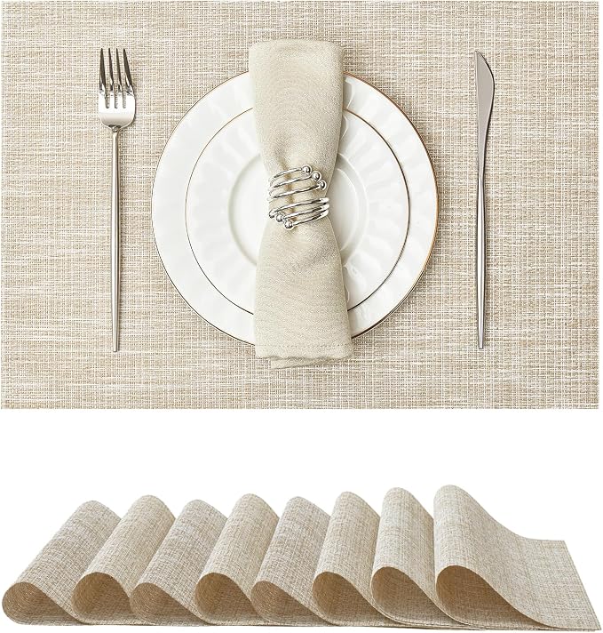 Leetaltree Sparkling Beige and Gold Vinyl Woven Placemats Set of 8 - Durable - Washable - Wipeable Dining Table Place Mats, Suitable for Indoor & Outdoor Use - Hand-Cut