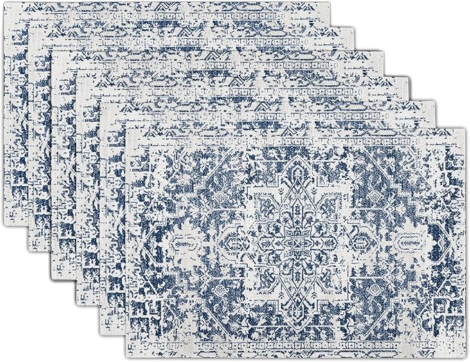 Navy Blue Gray Boho Placemats Set of 6 Ethnic Bohemian Carpet Place Mats Washable Kitchen Dining Vintage Grey Geography Floral Linen Table Mats Stain Heat-Resistant for Home Party Indoor 12x18 in
