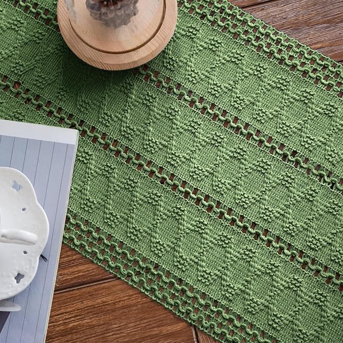 Macrame Table Runner Green Boho Table Runners with Tassels Hand Woven Cotton Table Runner Rustic Farmhouse Table Runners for Bohemian Kitchen Dining Table(12x108in)