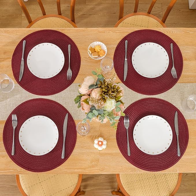 SHACOS Round Placemats Set of 4 for Dining Table 15 inch Round Braided Place Mats Washable Non Slip Kitchen Table Mats, Burgundy
