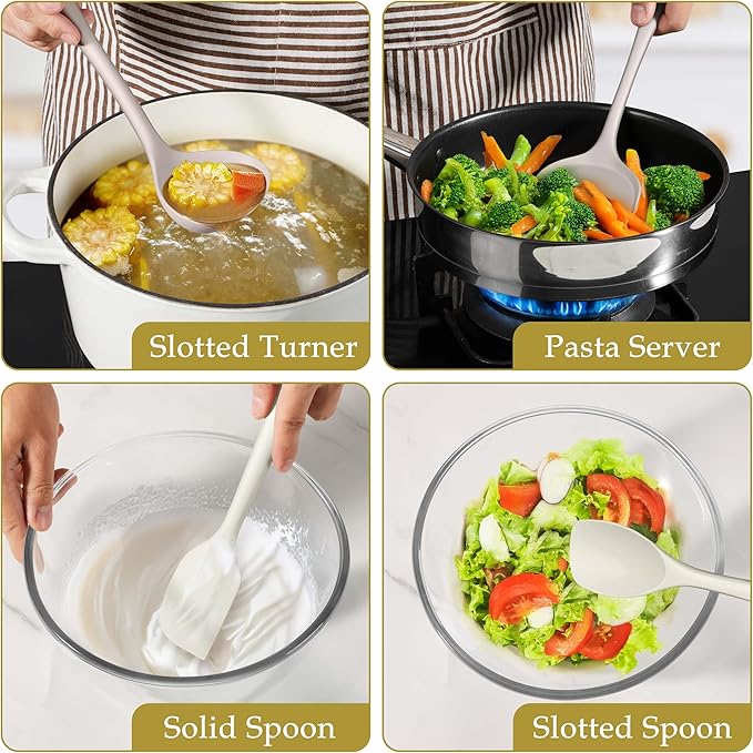 LIANYU 8Pcs Kitchen Utensils Set, Silicone Cooking Utensils Spatula Set for Nonstick Cookware, Include Silicone Spatula, Ladle, Turner, Spoon, Heat Resistant, Dishwasher Safe, Khaki White