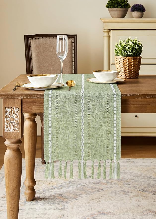 Hemstitched Farmhouse Table Runner, Sage Green 13x72 Inch, Cotton Linen Table Runners 72 Inches Long, Embroidered Striped Sage Green Boho Table Runner Rustic Home Decor