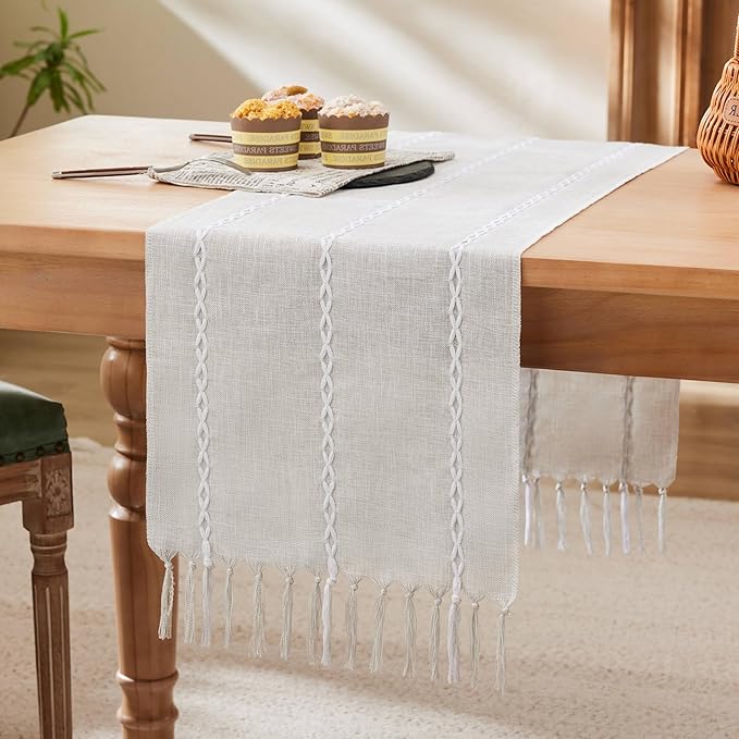 Braided Farmhouse Table Runner, Braided Light Grey 13x90 Inch, Cotton Linen Table Runners 90 Inches Long, Embroidered Striped Light Grey Boho Table Runner Rustic Home Decor