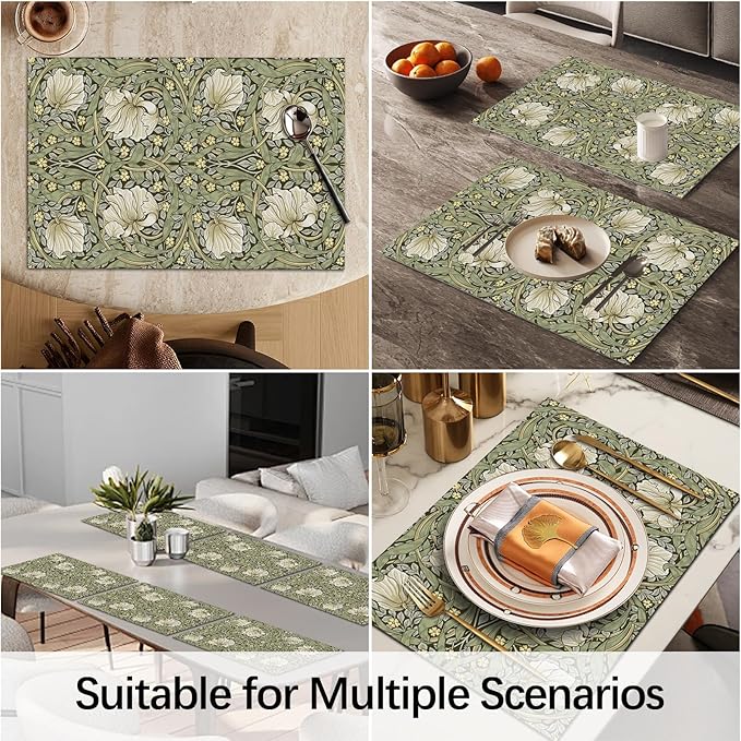 William Morris Placemats Set of 6 Vintage Floral Green Botanical Washable Heat Resistant Place Mats for Dining Table Cottagecore Linen Woven Wipeable Table Mats Kitchen Decor 11.8"X17.7"
