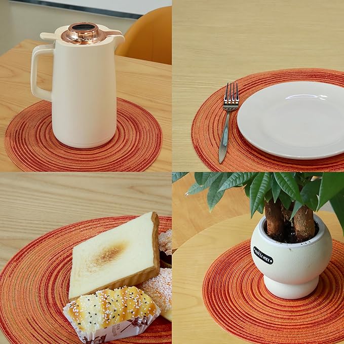 Youyi Table Placemats Set of 6, Round Place Mats 15 Inch Washable Heat Resistant Durable Woven Braided Placemats Farmhouse Boho Table Mats for Dining, Dark Orange
