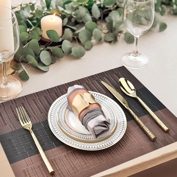 SLKQG Brown Placemats Set of 6 - Easy Clean Modern Durable Washable Vinyl Place Mats - Heat Resistant Placemats for Kitchen Table - PVC Table Mats for Dining Table (Brown Black, 6)