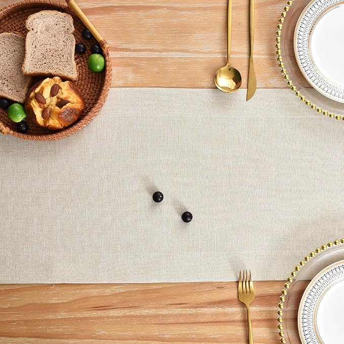 NEWISHER Farmhouse Rustic Table Runner Solid Beige Rectangular Table Runners Faux Linen Table Runner for Everyday Use Kitchen Dining Party Table 13x60 Inch