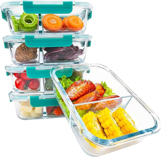 BlueHills Premium Glass Meal Prep Lunch Containers with Snap Green Lock Lids Glass Food Containers BPA-Free Oven Freezer Dishwasher Safe 5 pack set 10 pieces 36 Oz 4.5 cups (G002 Two Compartments)