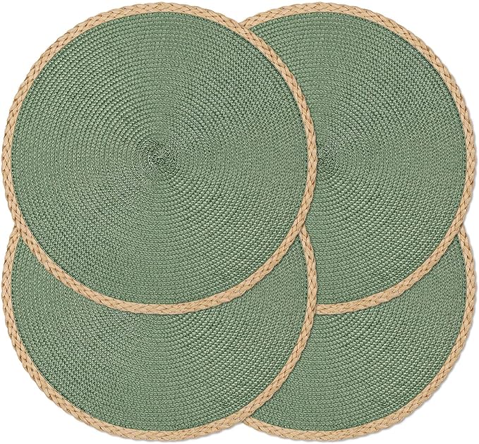 Noctiflorous Braided Round Placemats Set of 4, 15 Inch Woven Table Mats, Non-Slip Washable Thin Edge Place Mats for Kitchen Dining Table Decor (Green, 4)