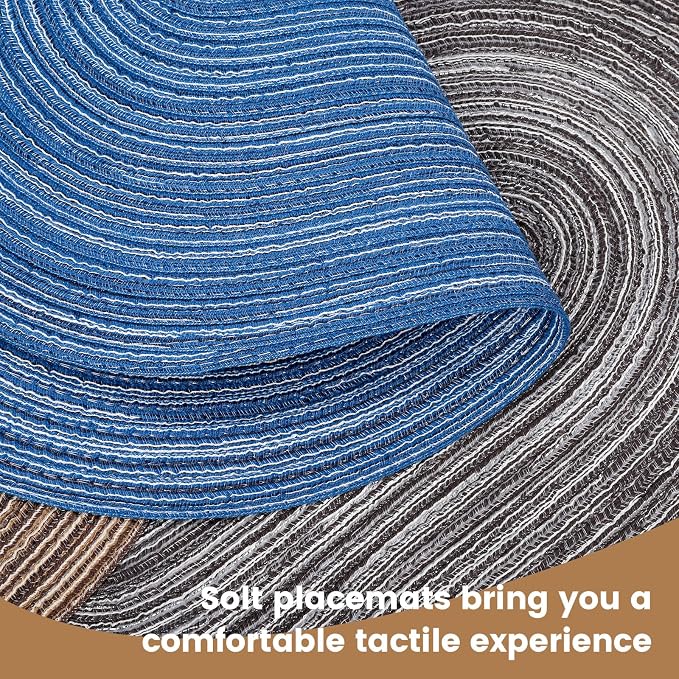 15'' Round Woven Placemats Set of 6, Natural Heat Resistant Washable Non-Slip Woven Table Mats -Blue