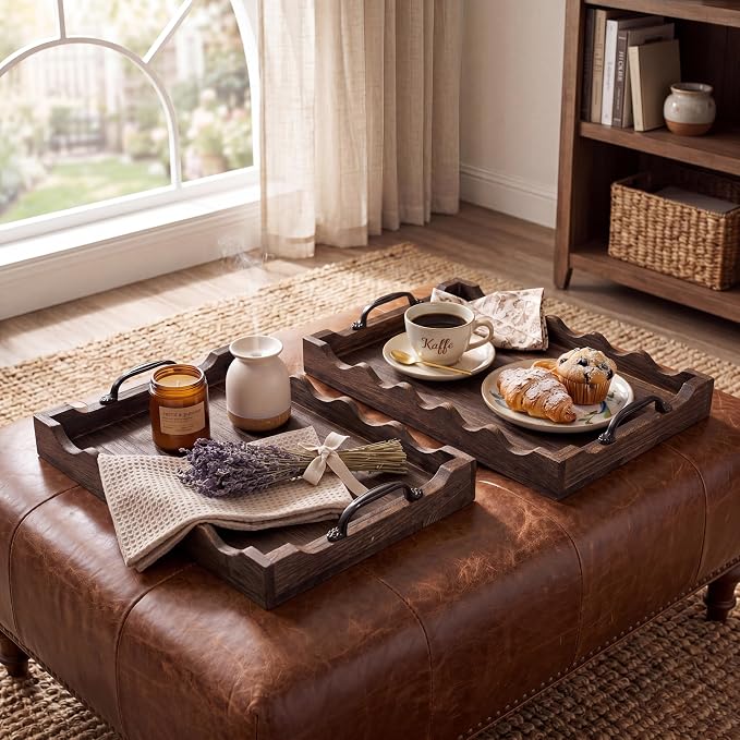4 Pcs Rustic Wood Scalloped Serving Tray Wood Decorative Serving Tray with Handle Rustic Rectangular Platter 13 x 9.5 for Farmhouse Ottoman Breakfast Coffee Table Home Kitchen Decor(Brown)