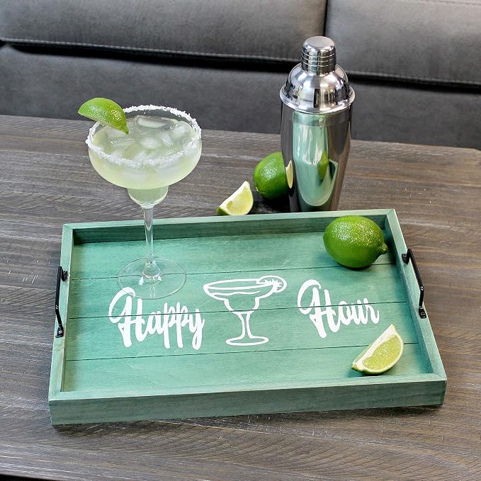 Elegant Designs HG2000-AHH Margarita Drinks Lime Bar Kitchen Wetbar Decorative Wood Serving Tray w/Handles, 15.50” x 12”, Aqua Wash Happy Hour