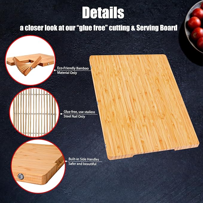 Small Bamboo Cutting Board with Handle 0.8" thick – TRULY Glue Free, Pre-Oiled, Non Toxic Wood Board for Cheese, Fruits & Veggies 14"x10"/36x26cm – Dishwasher Safe [New 2026 Upgrade]