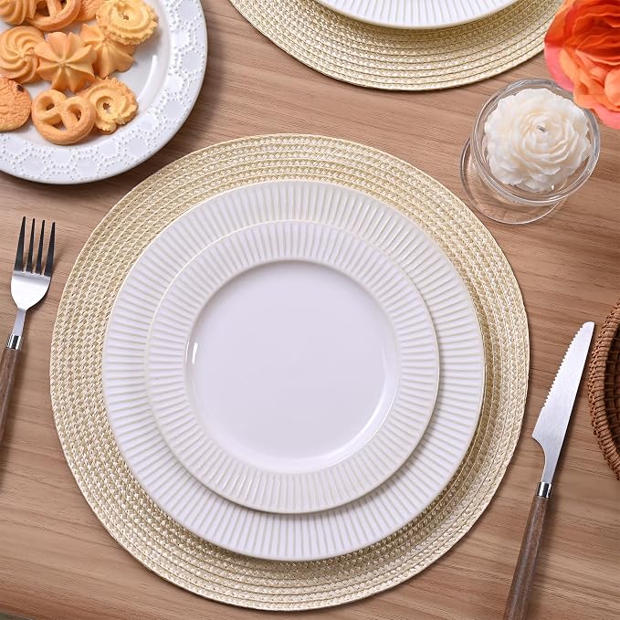 Feuille Round Braided Placemats Set of 6 Place Mats for Dining Table Woven Washable Non-Slip Table Mats 13.5 Inch Beige 6pcs