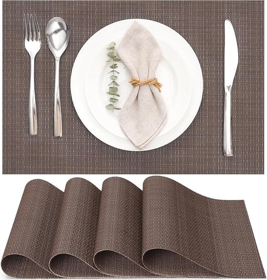 Myir JUN Placemats Set of 4, Vinyl Woven Placemats Place Mats Indoor Set of 4 Washable Table Mats Non-Slip Place mats for Dining Table (Coffee, Set of 4)