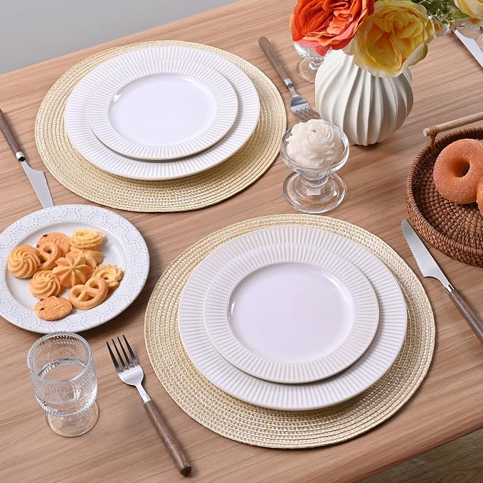 Feuille Round Braided Placemats Set of 4 Place Mats for Dining Table Woven Washable Non-Slip Table Mats 13.5 Inch (Beige, 4pcs)