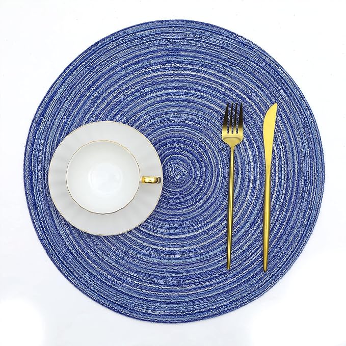 SHACOS Round Braided Placemats 15 inch Set of 4 Washable Cotton Polyester Braided Kitchen Table Placemats for Home Wedding Party (Blue White, 4)