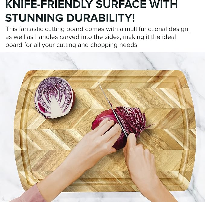 Acacia Rect. Herringbone design Chopping board, side grooves, deep well, 18X12X1”