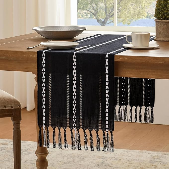 Hemstitched Farmhouse Table Runner, Black 13x72 Inch, Cotton Linen Table Runners 72 Inches Long, Embroidered Striped Orange Boho Table Runner Rustic Home Decor