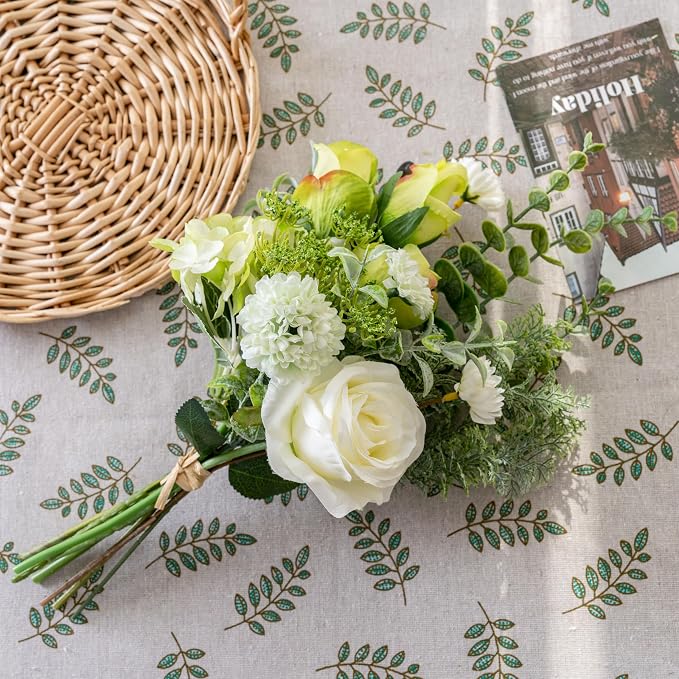Small Faux Flower Bouquet in White Ceramic Vase (15.75" Tall) - Green & White Artificial Floral Arrangement for Coffee Table Centerpiece, Bathroom & Office Desk Decor