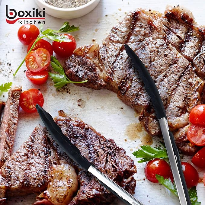 Kitchen Tongs for Cooking with Silicone Tips by Boxiki Kitchen, BPA Free Stainless Steel set of 2 Silicone Tongs for Cooking, Grilling & Toss a Salad, Heat Resistant Grill Tongs for Serving Food.