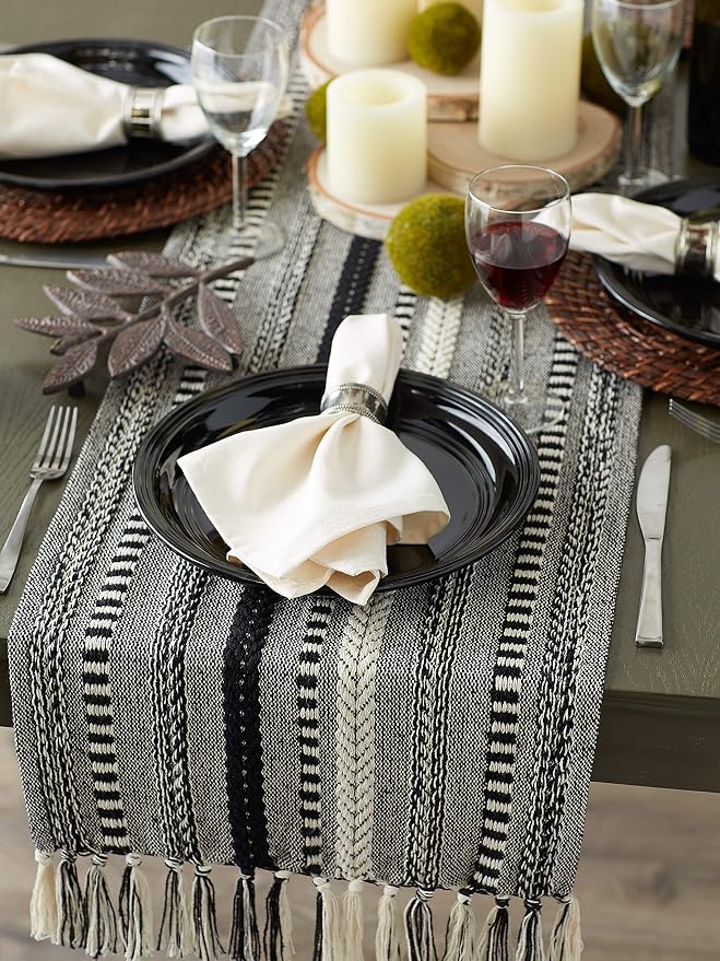 DII Farmhouse Braided Stripe Table Runner Collection, 15x72 (15x77, Fringe Included), Stone (Pack of 12)