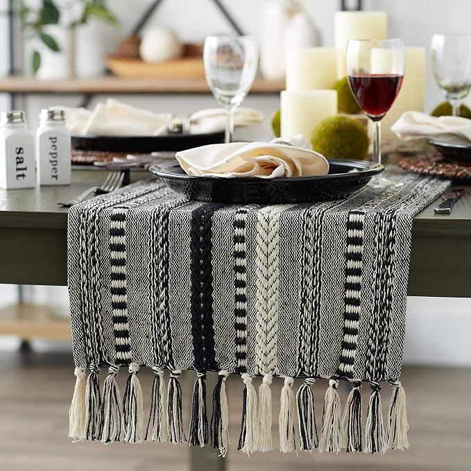 DII Farmhouse Braided Stripe Table Runner Collection, 15x108 (15x113, Fringe Included), Black