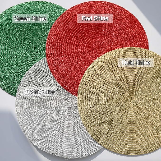 AHHFSMEI Round Placemats Set of 6 Heat Resistant Washable Non-Slip Woven Braided Table Mats for Dining Table Kitchen & Home Decor (Red Shine)