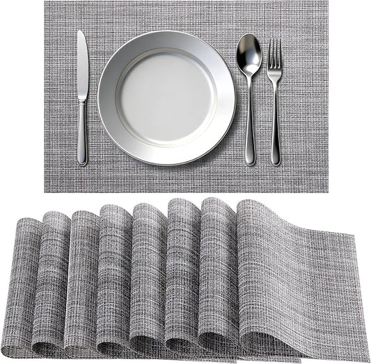 Timeet Placemats Set of 8, Heat Resistant Non-Slip Place Mats, Durable Washable PVC Vinyl Woven Table Mats, Linen Textured Table Placemats for Dining Kitchen Resistant Easy to Clean(Gray)