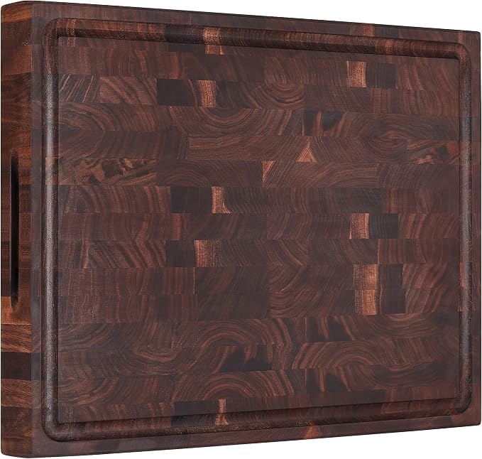 AZRHOM Large End Grain Walnut Wood Cutting Board 17x13x1.5 in Thick Butcher Block for Kitchen with Non-slip Mats Juice Groove & Handles (Gift Box)