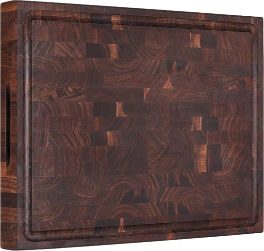 AZRHOM Large End Grain Walnut Wood Cutting Board 17x13x1.5 in Thick Butcher Block for Kitchen with Non-slip Mats Juice Groove & Handles (Gift Box)