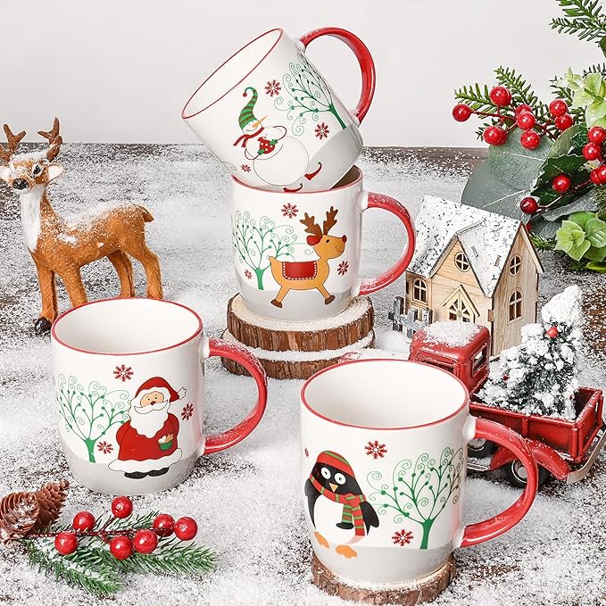 YHRJWN Christmas Mugs Set of 4, Merry Christmas Coffee Mugs with Reindeer, Santa, Snowman, Penguin Designs, Holiday Gifts for Family & Friends, 11 Oz