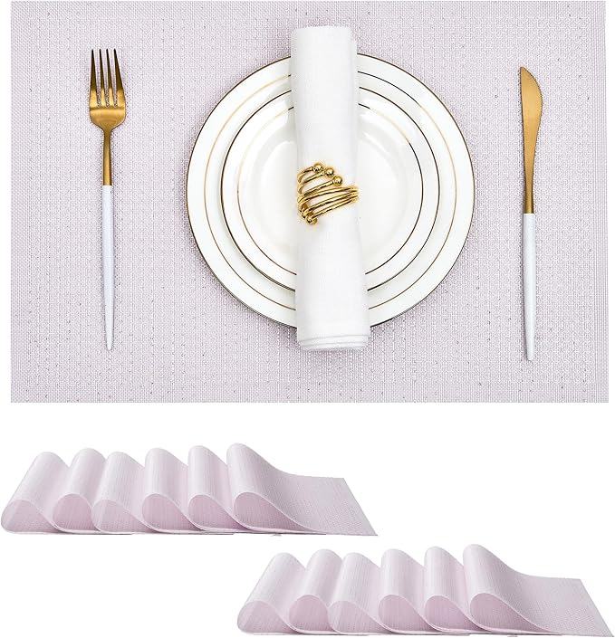 Leetaltree Sparkling Pale Lavender Sequin Woven Vinyl Placemats, Set of 12 - Waterproof & Washable Dining Table Mats for Wedding, Anniversary, Daily Use, Hand-Cut