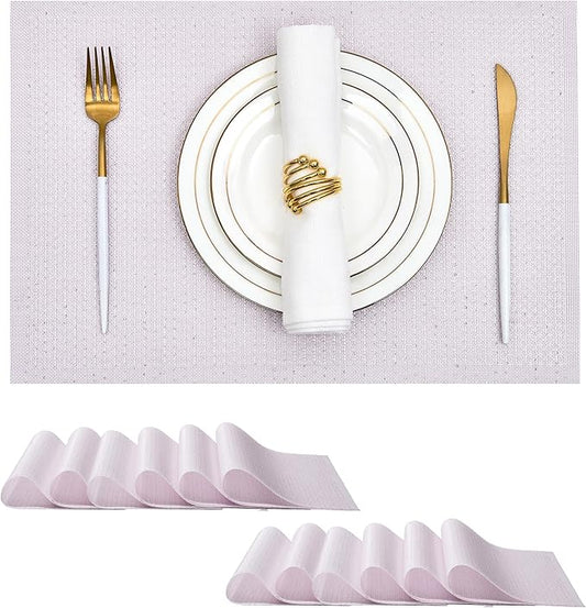Leetaltree Sparkling Pale Lavender Sequin Woven Vinyl Placemats, Set of 12 - Waterproof & Washable Dining Table Mats for Wedding, Anniversary, Daily Use, Hand-Cut