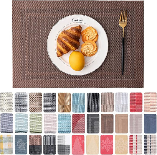 CADONO Placemats Set of 6 Washable Indoor/Outdoor Vinyl Place Mats for Dining Table Durable Non-Slip Heat Resistant PVC Weave Table Mats（Simple Style-Coffee-Colored）