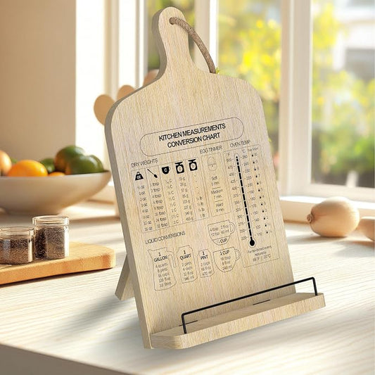 Bamboo Cookbook Stand, Adjustable Cookbook Holder Stand, Recipe Book Holder with Measurement Conversion Chart, Cook Book Stand for Kitchen Counter, Essential Accessories Gifts for Bakers Women