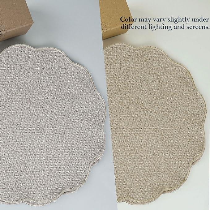 AHHFSMEI Round Faux Linen Placemats Set of 6 Heat Resistant Non-Slip Stain Proof Table Mats for Kitchen Dining Elegant Decor Place Mats (Linen Beige,6)