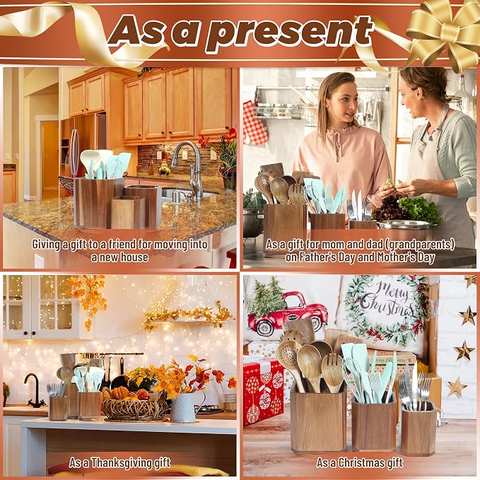 KINGSOW Wooden Utensil Holder Set: 3PCS Extra Large Acacia Wood Organizer with 360° Rotating Base for Kitchen Countertop - Farmhouse Storage Crock for Multi-Generation Family & Cooking Enthusiasts