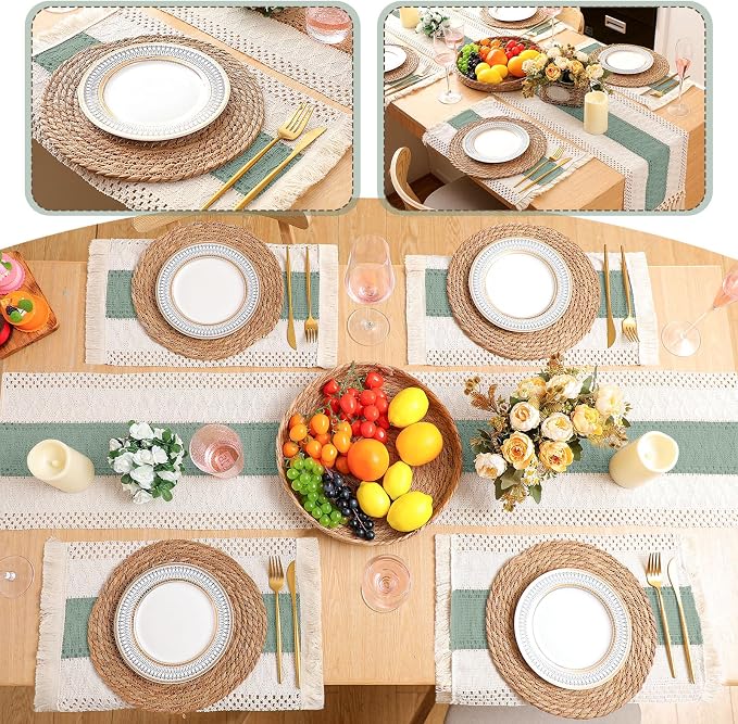 Boho Placemats 4/6/8 Set of Round Woven Placemat Macrame Style Bicolor Stitching Long Table Runner Farmhouse Rustic Natural Burlap Cotton for Kitchen Dining Table(6 Sets,Green,12x72)