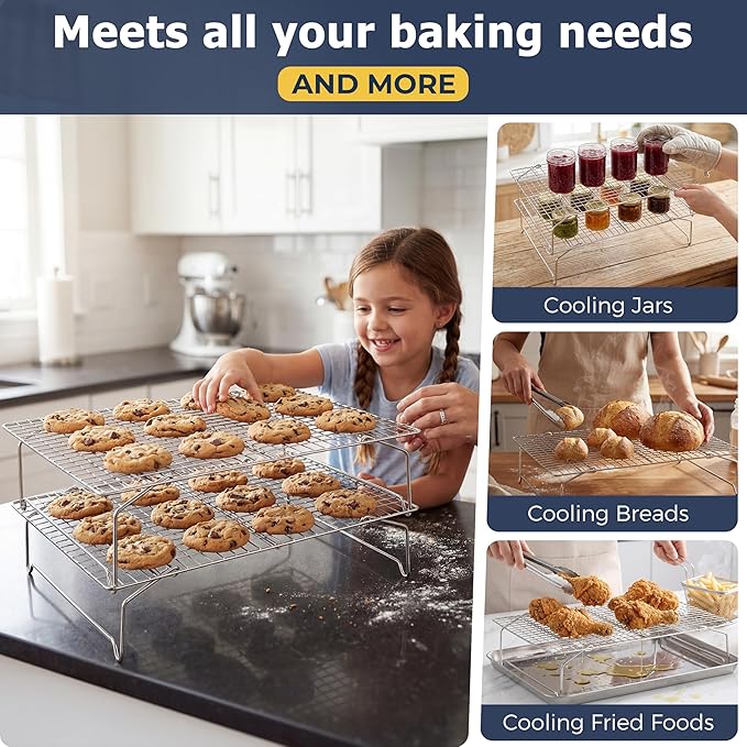 E-far 3-Tier Collapsible Cooling Rack for Cooking and Baking - 15”x10” Stackable Tight-Wire Stainless Steel Cookie Rack for Baking Sheet, Oven, Roasting, Dishwasher Safe & Space Saving