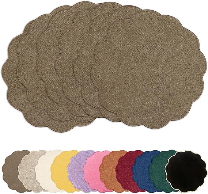 AHHFSMEI Round Faux Linen Placemats Set of 6 Heat Resistant Non-Slip Stain Proof Table Mats for Kitchen Dining Elegant Decor Place Mats (Brown,6)