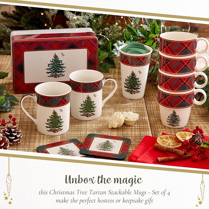 Spode Christmas Tree Tartan Stacking Mugs, Set of 4 – Festive Tartan Design Coffee Cups, 10oz Earthenware for Holidays, Colorful & Fun Stackable Cups, Great Gift for Seasonal Celebrations