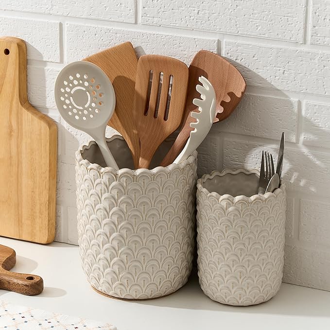 JIEMEI HOME Kitchen Utensil Holder, Large 7.5"+6.2" Petal Ceramic Utensil Crock for Countertop, Utensil Holder with Cork Mat, Morden Utensil Organizer for Spatula, Kitchen Decor, Set of 2, Aged Ivory