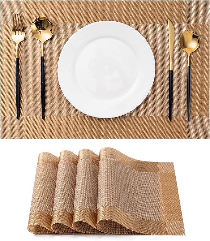 CADONO Placemats Set of 4 Washable Indoor/Outdoor Vinyl Place Mats for Dining Table Durable Non-Slip Heat Resistant PVC Weave Table Mats（Gold Cube）