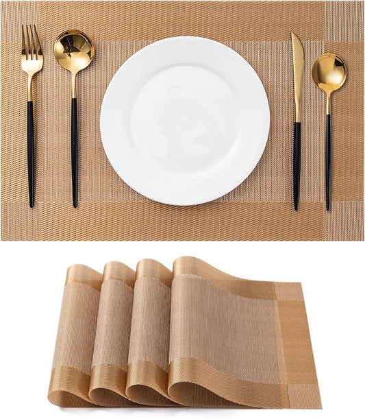 CADONO Placemats Set of 4 Washable Indoor/Outdoor Vinyl Place Mats for Dining Table Durable Non-Slip Heat Resistant PVC Weave Table Mats（Gold Cube）
