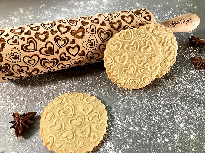 HEARTS EMBOSSING ROLLING PIN WOODEN ROLLING PIN for EMBOSSED COOKIES with LOVE HEARTS