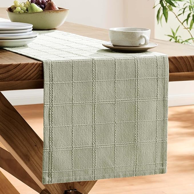 ZeeMart Linen Checked Farmhouse Table Runner, 13x72 Inches Seeding Green | Raised Grid Design, Rich Woven Texture, Linen Blend Table Runners 72 Inches Long, Machine Washable, Boho Home Kitchen Decor