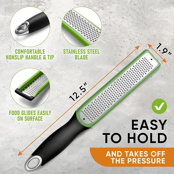 Spring Chef Premium Lemon Zester Grater with Handle - Orange, Garlic, Ginger, Nutmeg, Cheese Grater- Handheld Sharp Kitchen Tool - Stainless Steel Citrus Zester with Blade Cover - Fine Shred, Green